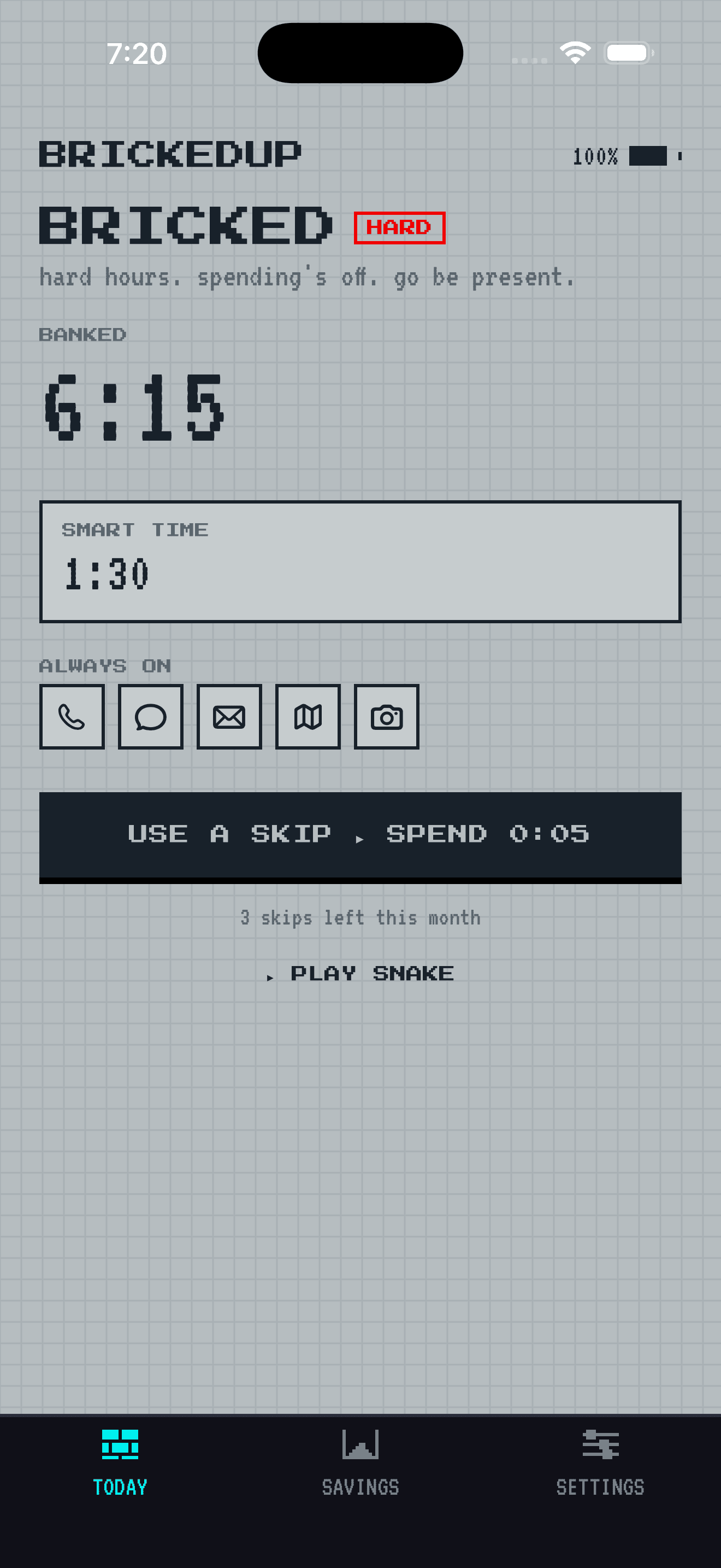 BrickedUp home screen showing the phone bricked during a hard period, with banked Smart Time