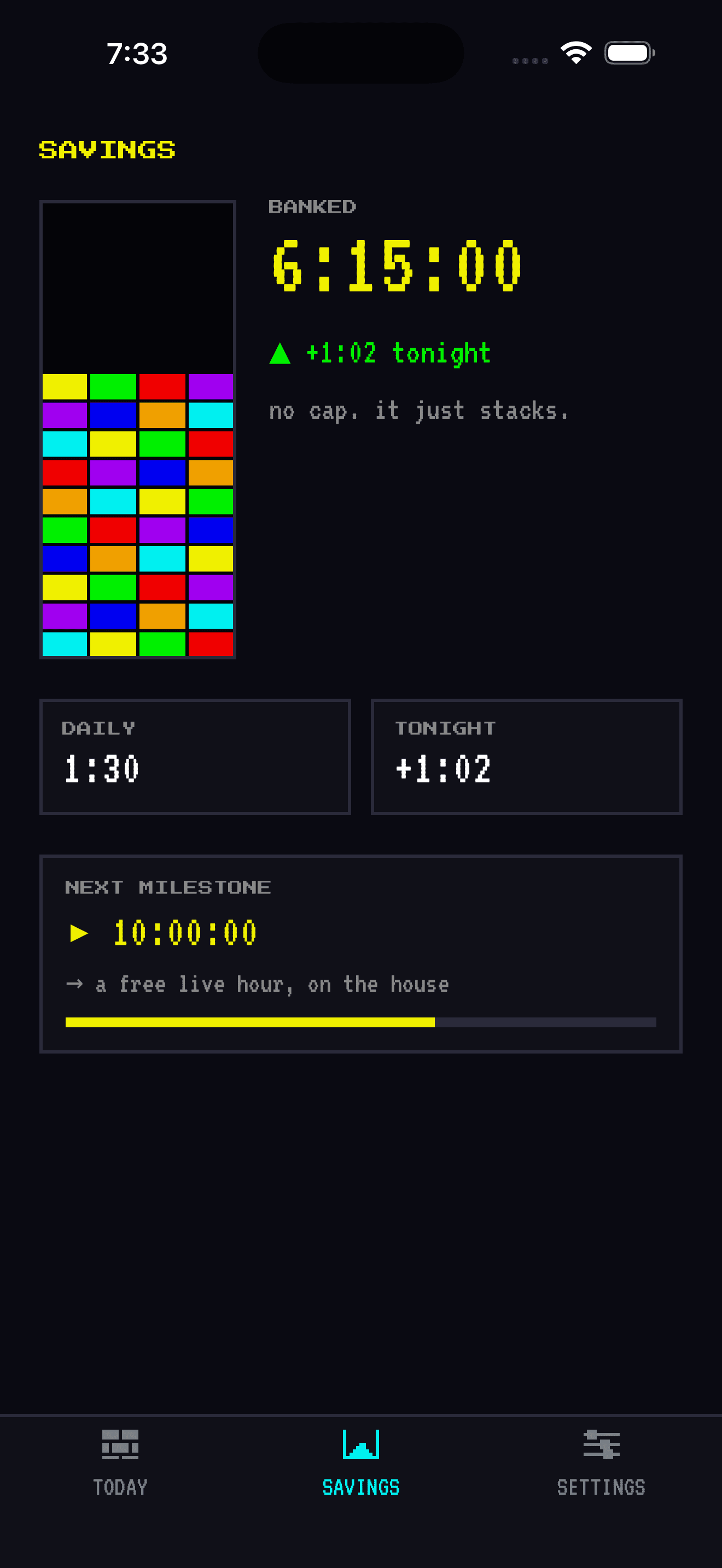 BrickedUp savings screen: unused minutes stacking up like Tetris blocks