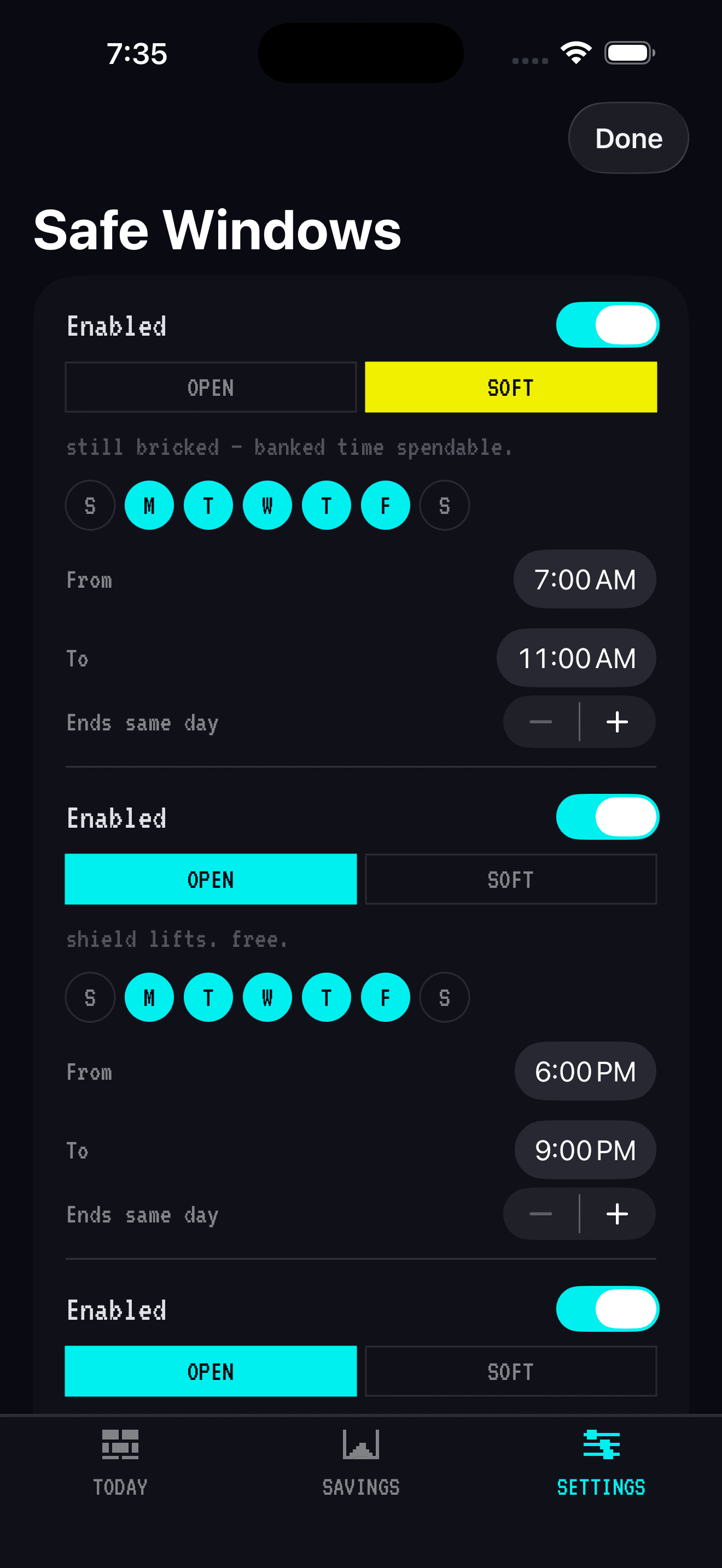 BrickedUp schedule editor for open, soft, and hard hours
