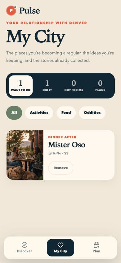 Pulse My City screen with Want to Do and Did It lists