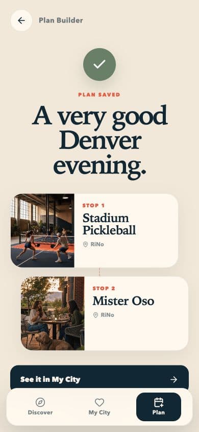 Pulse plan showing Stadium Pickleball followed by Mister Oso