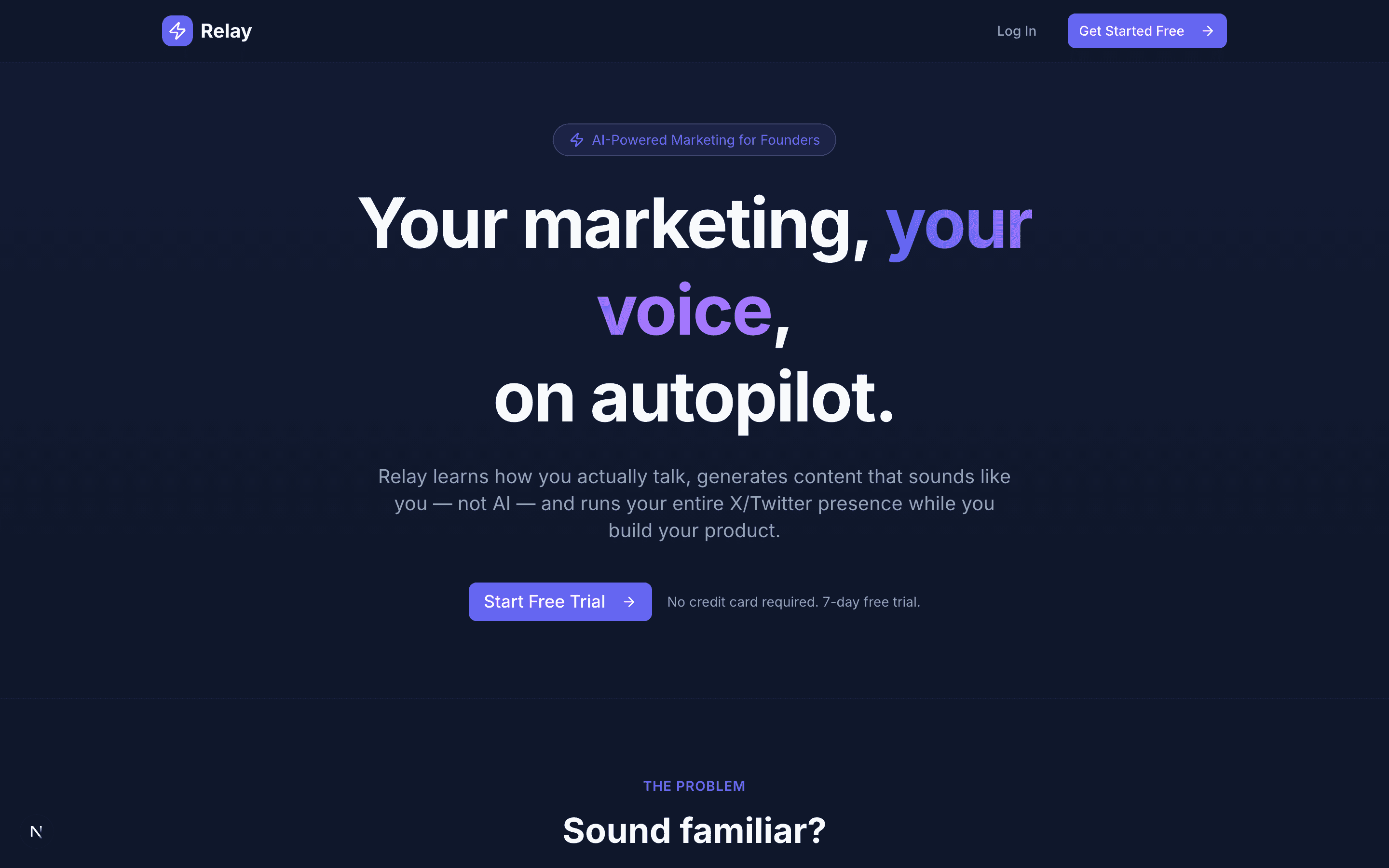 Relay landing: your marketing, your voice, on autopilot