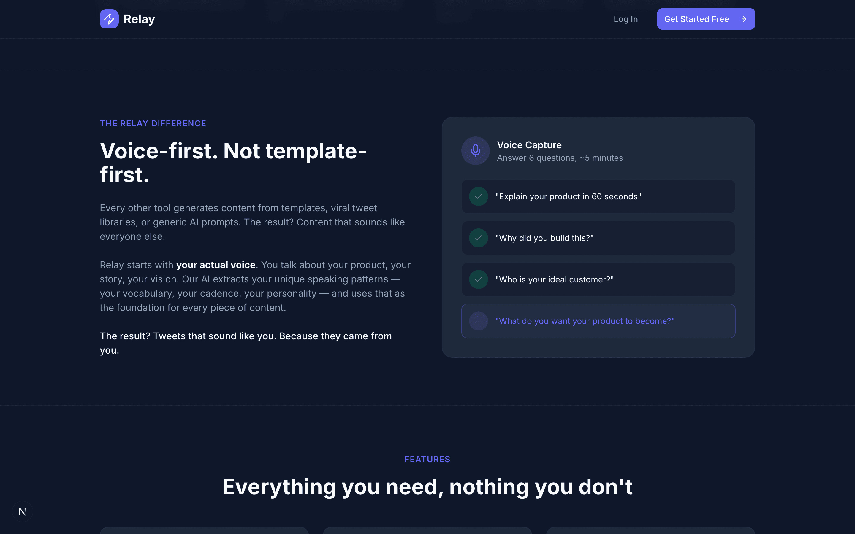 Relay's Voice Capture flow: answer a few questions and it learns your voice